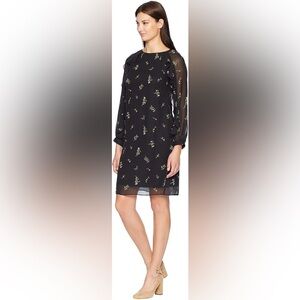 Chaps Black Sheer Ruffle Trim Long Sleeve Floral Dress Midi Women's Size 8